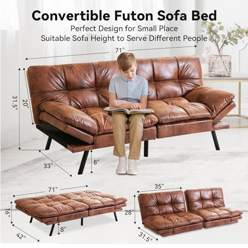 Futon Sofa Bed, Faux Leather Futons, Memory Foam Futon Couch, Convertible Sleeper Sofa, Modern Loveseat Couch Bed for Living Room, Apartment, Office, Dormitory, Brown, Updated Quality