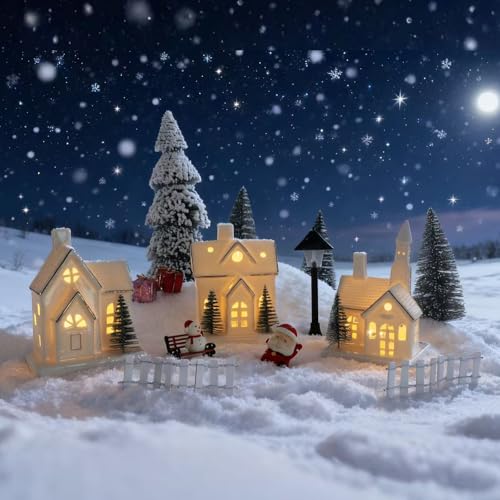 Timer: White Ceramic Christmas Village Houses, 3Pcs Light Up Christmas Village Sets with 4Pcs Trees, LED Lighted Tabletop House Figurines for Home Decor, Winter Holiday, Xmas Gift