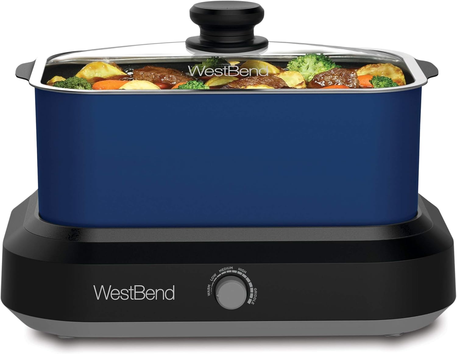 West Bend 87906B Versatility Slow Cooker Large Capacity Non-Stick Dishwasher Safe Variable Temperature Control Includes Travel Lid & Thermal Carrying Case, 6-Quart, Blue