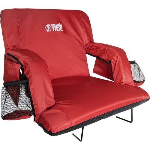 BRAWNTIDE Stadium Seat with Back Support - Comfy Cushion, Thick Padding, 2 Steel Bleacher Hooks, 4 Pockets, 2 Cup Holders, Reclining Back, Ideal Chair for Sport Events, Beaches, Camping, Concerts