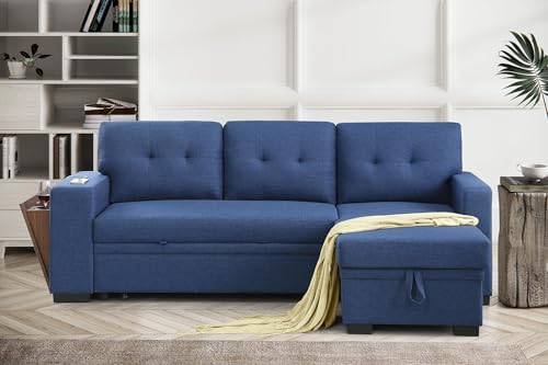 Convertible L Shaped Couch with Pull Out Bed and Storage Chaise,Sectional Sleeper Sofa with Side Open Cup Holder and USB Port, Linen Fabric Furniture for Living Room, Apartment, 92