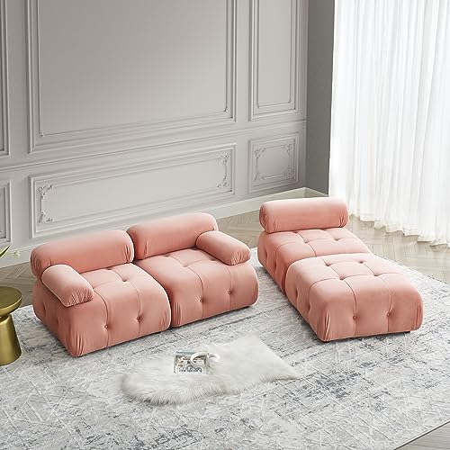 Sleeper Sofa couches Ottoman Cloud Couch Bed Loveseat Living Room Furniture Sturdy Solid Wood Frame Modular Sectional Comfortable Velvet Upholstery Button Tufted Design Pink