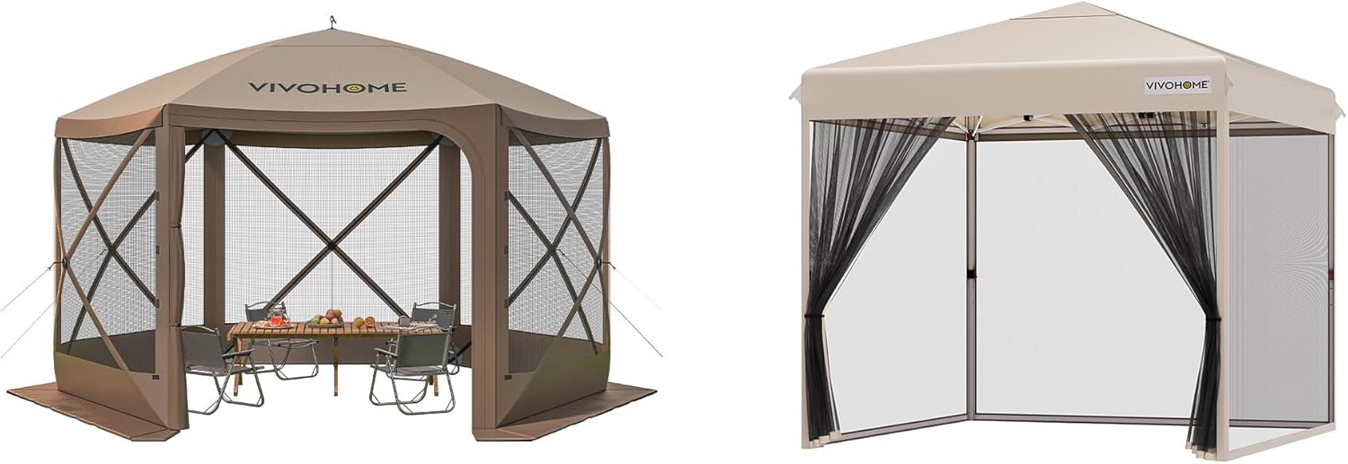 VIVOHOME 12x12ft Pop-Up Gazebo Screen Tent, 6-Sided Instant Outdoor Canopy Shelter with Large Main Door with VIVOHOME 10x10ft Easy Pop-Up Canopy, Outdoor Screen Tent with Mosquito Netting