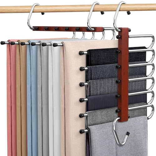 2 Pack Wooden Pants Hangers Space Saving, Pre-Assembled Pants Hangers Space Saver Multifunctional Pants Organizer Rack Hangers for Pants, Jeans, Scarf, Trousers, Skirts, Mahogany