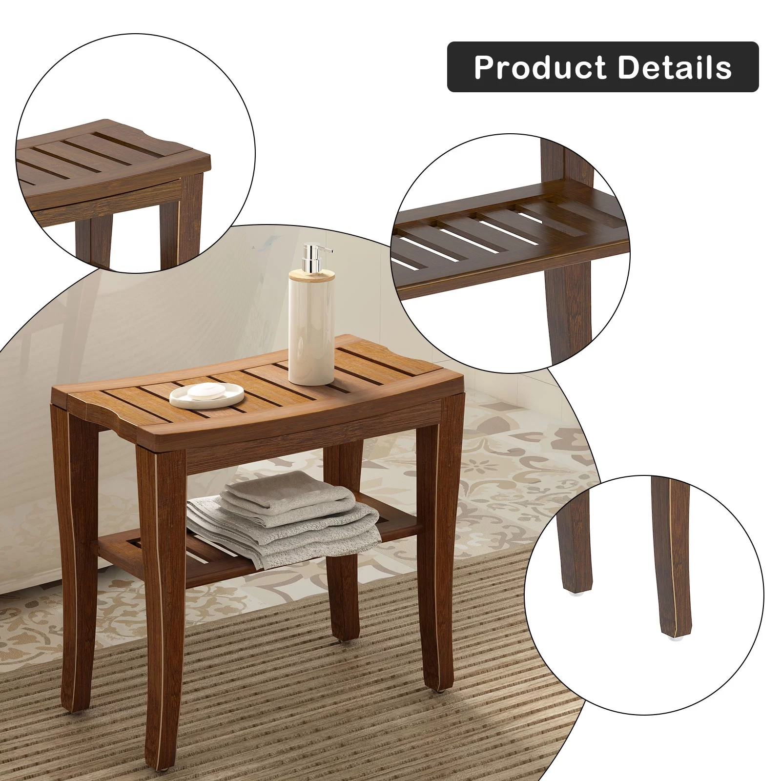 Soges Wood Bathroom Bench Bamboo Shower Stool Non-slip Waterproof Shower Seat, Coffee