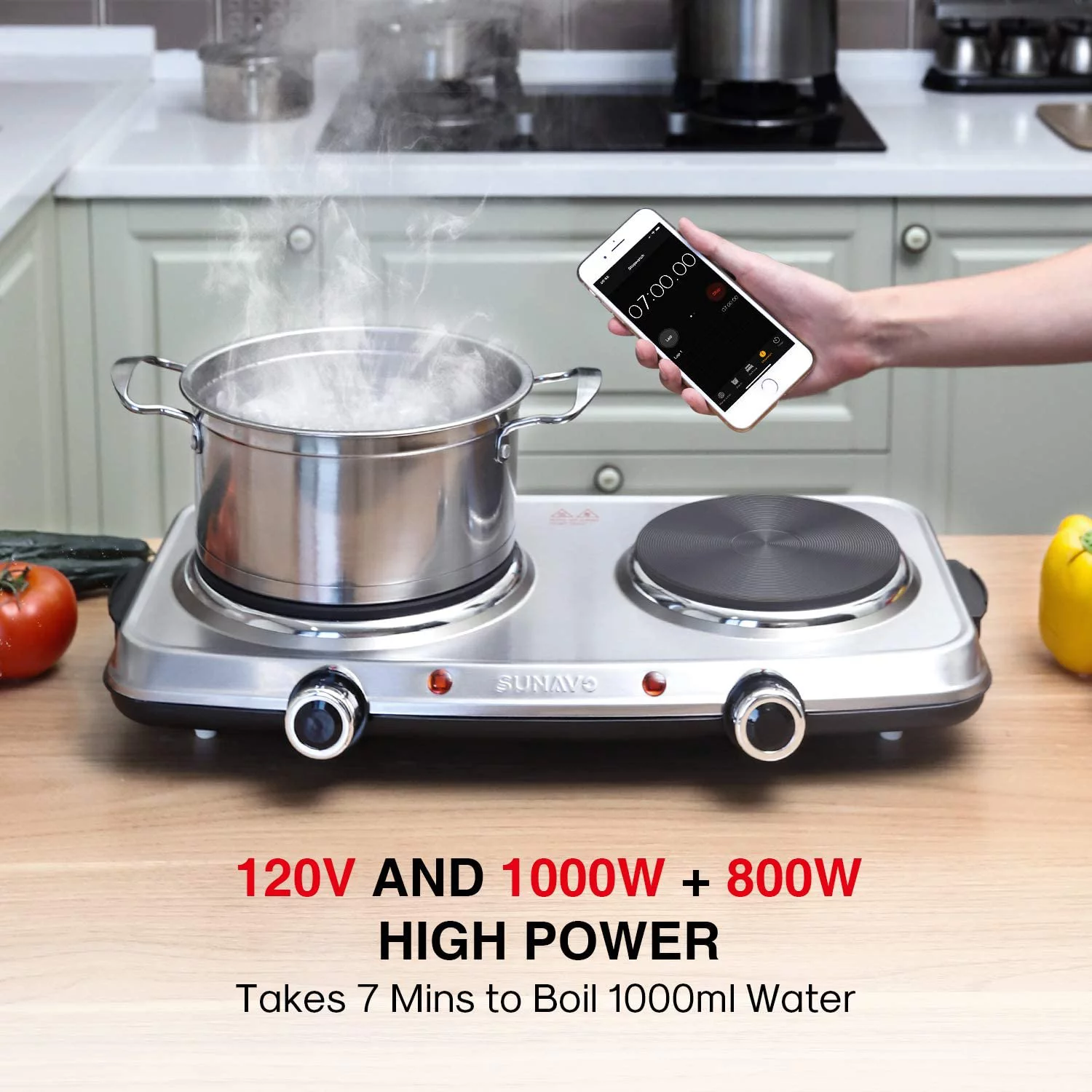 Hot Plates for Cooking, 1800W Electric Double Burner with Handles, 6 Power Levels Stainless Steel Hot Plate for Kitchen Camping RV Cast Iron