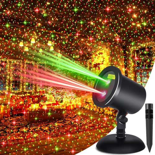 Laser Projector Lights Outdoor for Christmas, Motion Laser Christmas Lights Projector, Red & Green Stars Starry Show Dynamic Patterns for Xmas Seasonal Decorative Lighting House Wall