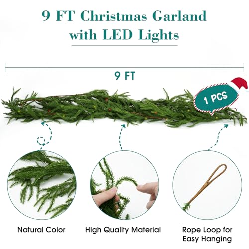 9FT Pine Garland with Lights, Norfolk Soft Artificial Greenery Garland for Mantle Fireplace Wall Home Holiday Table Centerpiece Staircase Indoor Outdoor Decor on Christmas Holiday Party