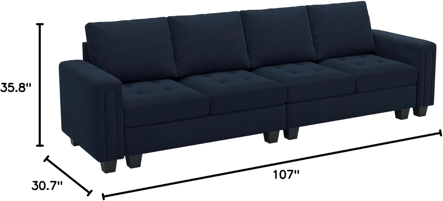 Belffin Velvet Modular 4 Seat Sofa Couch Sectional 4-seat Sofa Couch for Living Room Blue