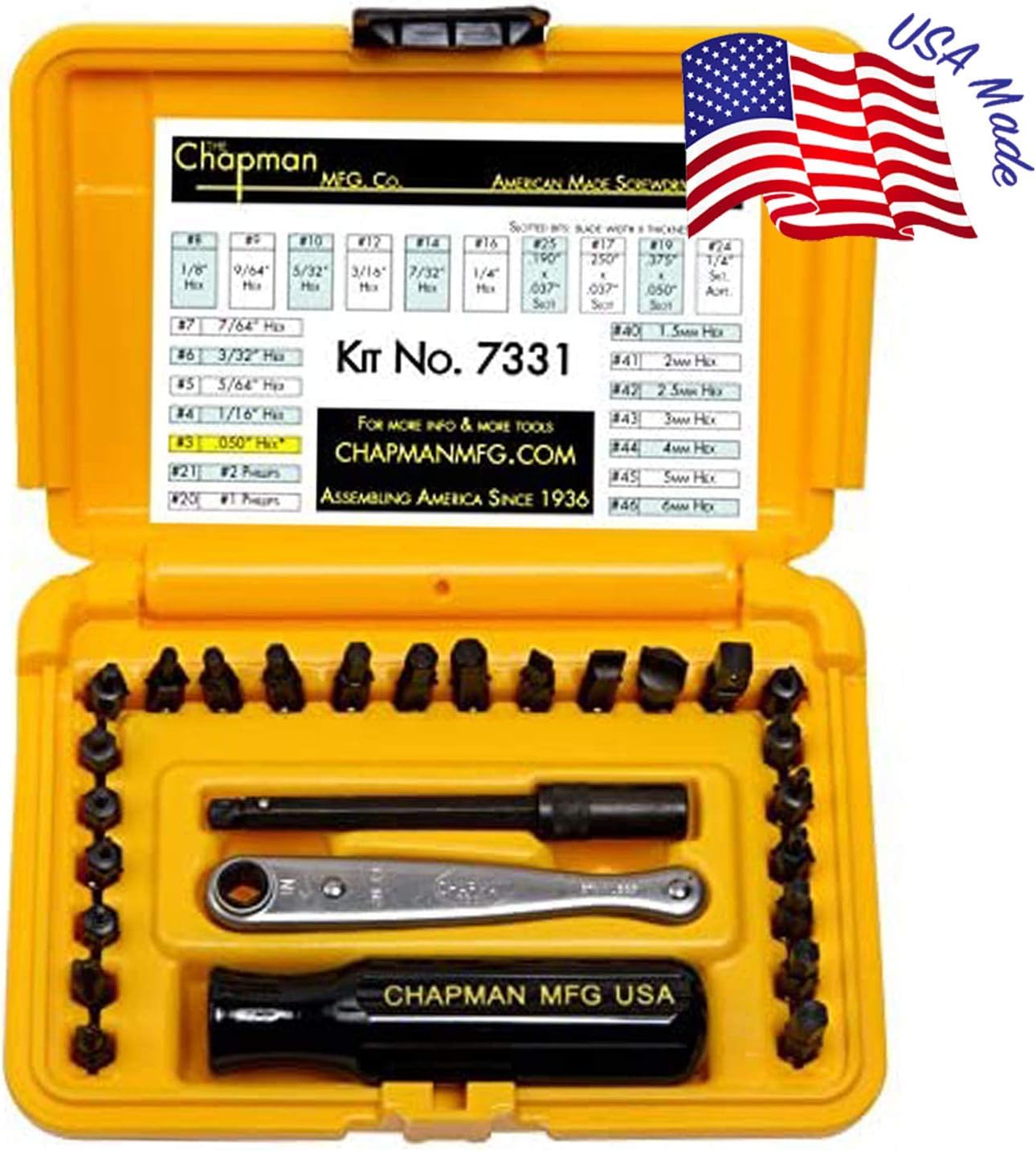 Chapman MFG 7331 All-Purpose Standard Screwdriver Set - Includes Phillips, SAE Allen Hex & Slotted/Flathead Bits - Complete Set Offers 24 USA Made Insert Bits + Mini Ratchet Hand Tool (Yellow Case)
