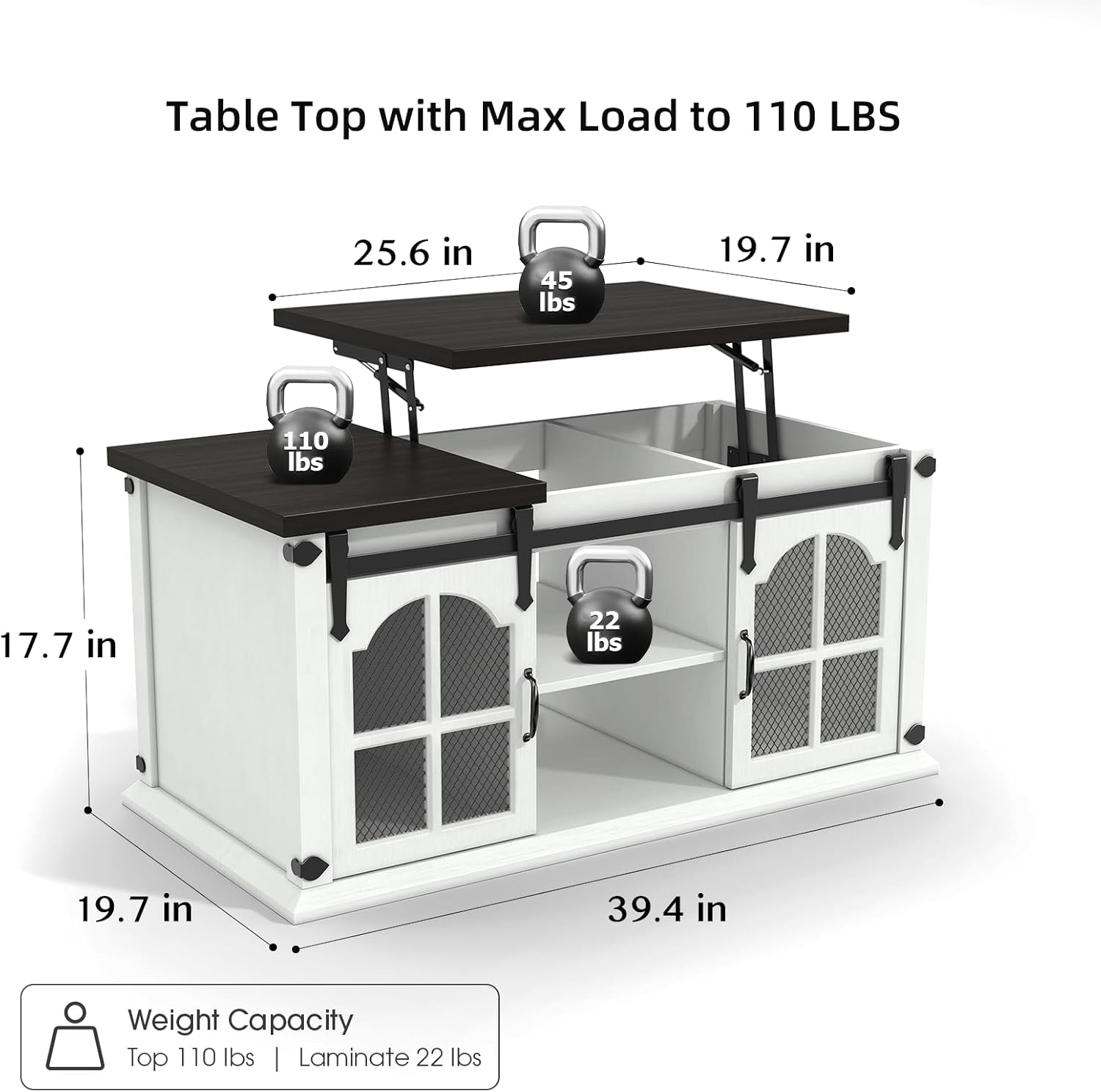 Lift Top Coffee Table with Storage,Farmhouse Coffee Table with Sliding Barn Door,Rustic Center Table with Shelves,Wood Storage Coffee Table with Lifting Top for Living Room,Office,White