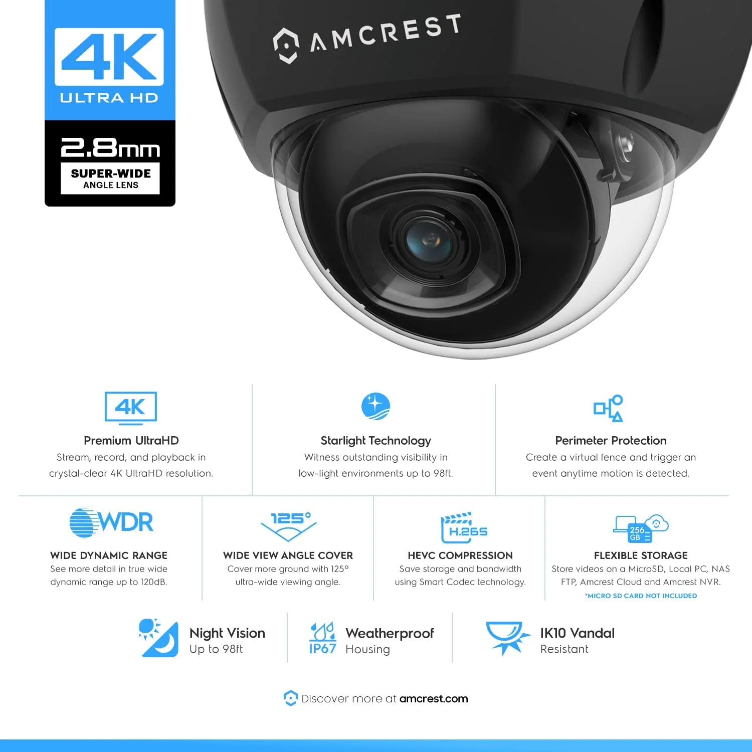 Amcrest UltraHD 4K (8MP) Outdoor Security POE IP Dome Camera, 98ft NightVision, 2.8mm Lens, IP67 Weatherproof, IK10 Vandal Resistant Dome, 256GB MicroSD Recording, Black (IP8M-2493EB-V2)