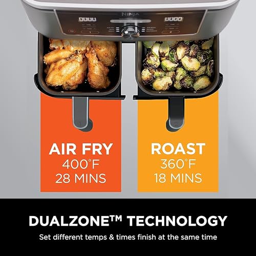 Ninja Foodi 10QT 6-in-1 DualZone Smart XL Air Fryer, 2 Independent 5QT Baskets, Smart Cook Thermometer, Match Cook, Smart Finish, Air Fry, Roast, Bake, Dehydrate, Reheat, Grey, DZ550