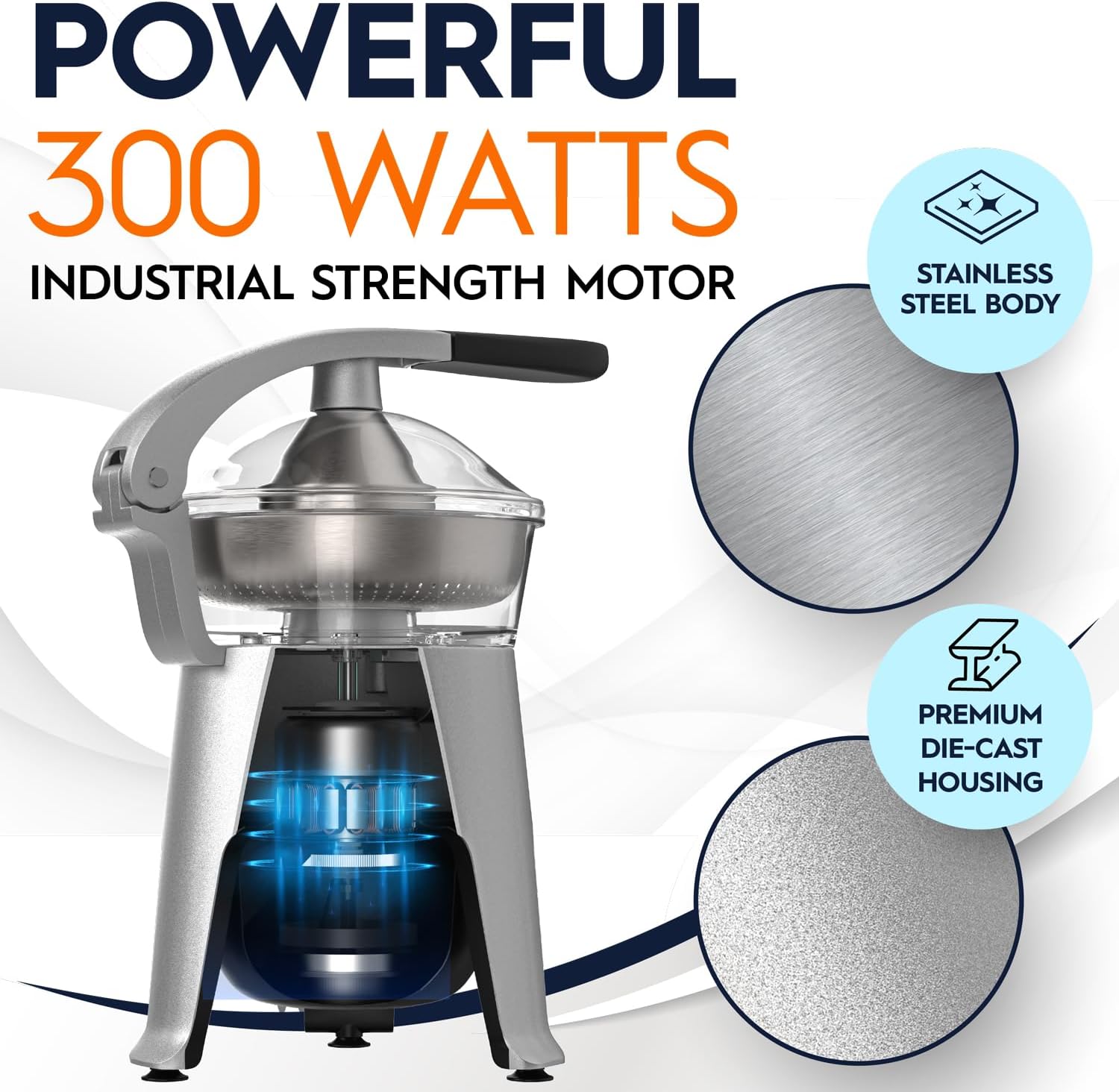 Eurolux Die Cast Stainless Steel Electric Citrus Juicer Squeezer, for Orange, Lemon, Grapefruit | 300 Watts of Power, With 2 Stainless Steel Filter Sizes for Pulp Control