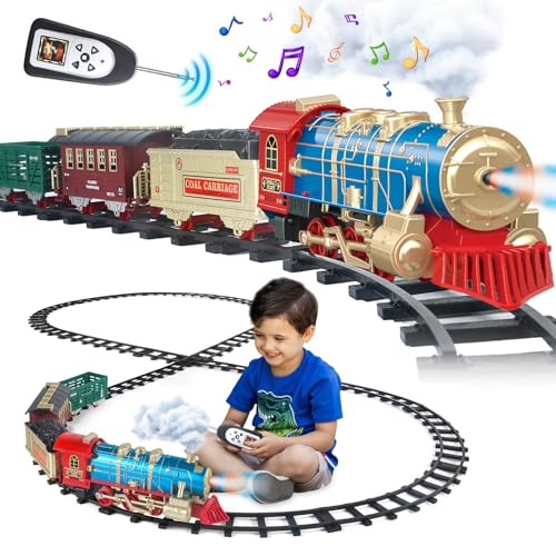 Kids Electric Train Set - Remote Control w/Smoke, Sounds, Lights - Rechargeable for Christmas Tree - Train Toys Gifts for 3 to 8 Year Old Boys