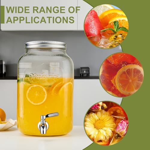 2 Gallon Beverage Dispenser with Stand and Lid, 18/8 Stainless Steel Spigot - Mason Jar Drink Dispensers with Lids, Glass Drink Dispensers for Parties