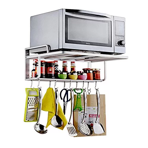 Ninetonine Alumimum Microwave Oven Wall Mount Double Deck Shelf With Hooks