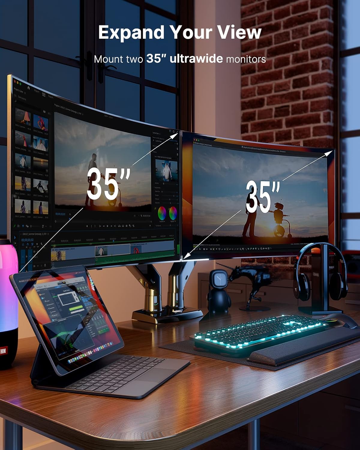 HUANUO Dual Monitor Stand for 13 to 35 inch, Premium Dual Monitor Mount with USB, Height Adjustable Monitor Stand for 2 Monitors, VESA Mount with Clamp/Grommet Base, Each Arm Hold up to 26.4lbs, Black