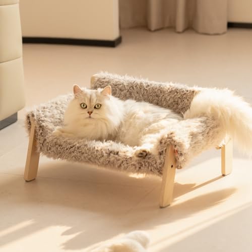 MEWOOFUN Cat Couch Bed, Pet Sofa for Indoor Cats Wooden Indoor Pet Furniture Elevated Cat Beds with Removable Mattress Cover Suitable for Kitty, Puppy or Small Animal (Plush Beige)