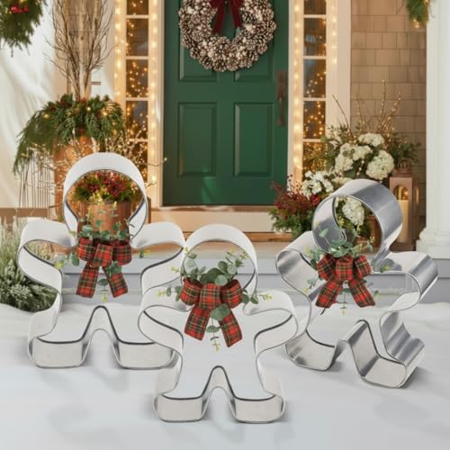 Tandefio Set of 3 Oversized Gingerbread Men Silver Gingerbread Men Cookie Cutter Figurines for Christmas Decorations Outdoor Day Holiday Party Supplies Stainless Steel, 19.29