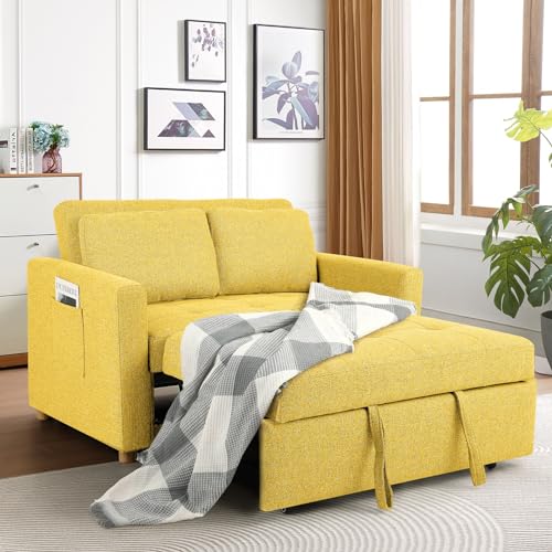 Convertible Sofa Bed, 3-in-1 Sleeper Sofa Pull Out Couch Bed, 2-Seater Linen Fabric Loveseat Futon Sofa with Spring Support, Adjustable Backrest for Small Spaces, Living Room, Navy Blue