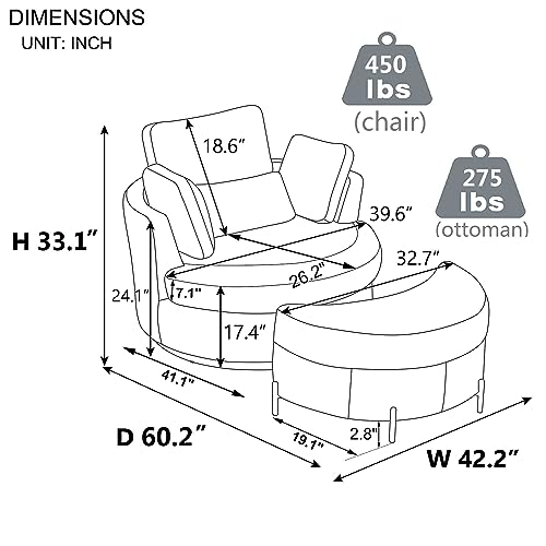 Oversized Swivel Accent Barrel Chair with Storage Ottoman+ 4 Pillow, Comfy Chaise Lounge Chair Big Round Reading Chair Cuddler Chair for Living Room Bedroom(Terracotta Chenille with Ottoman)
