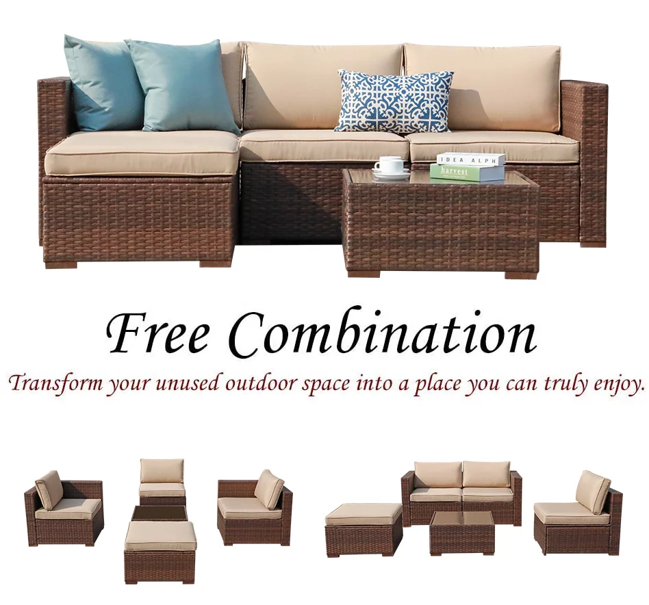 Patiorama 5-Piece Patio Furniture Set, Outdoor Sectional Conversation Set, All-Weather Brown PE Wicker with Beige Cushions, Outdoor Backyard Porch Garden Poolside Balcony