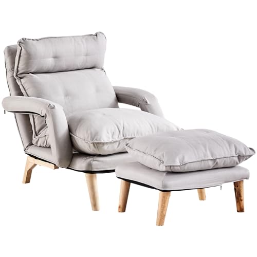 Linen Accent Chair with Ottoman, Adjustable Lounge Chair with Footstool and Soft Cushion, Leisure Sofa Armchair with Wooden Legs, Comfy Relaxing Chair for Lounge, Living Room, Office (Gray)