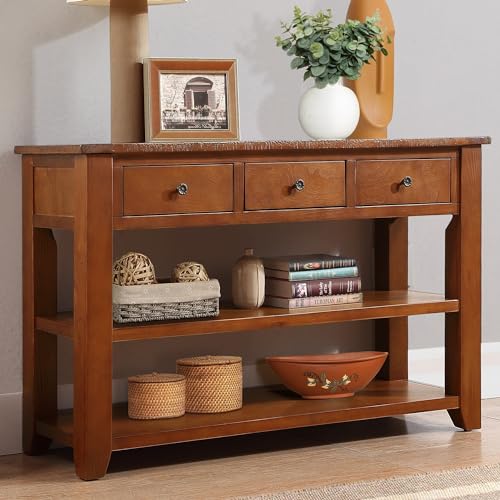 Amposei Farmhouse Wood Entryway Console Table 48-Inch Modern Sofa Entry Table with Drawers and Storage Shelves for Entrance Living Room (Brown)