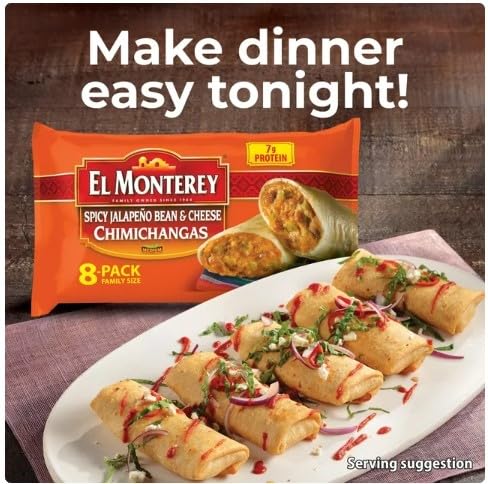 El Monterey Spicy Jalapeno Bean & Cheese Chimichangas, 32 oz, 8 Count (Frozen) - Pack of 3