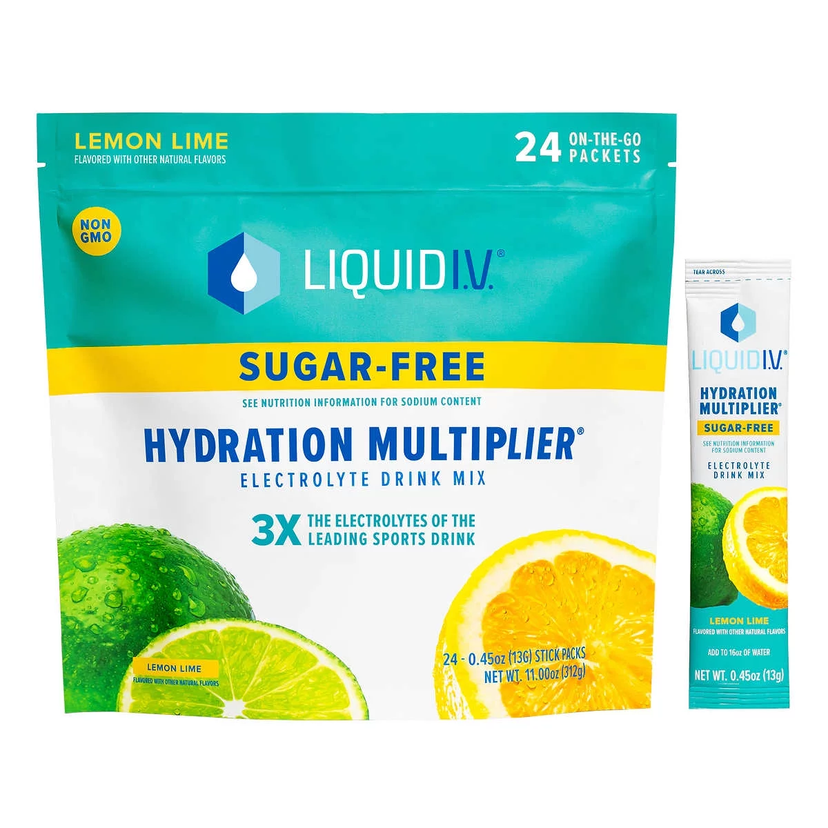 Liquid I.V. Hydration Multiplier, 24 Individual Serving Stick Packs in Resealable Pouch, Sugar Free Lemon Lime
