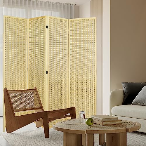 ECOMEX Bamboo Room Divider, Folding Privacy Screen, Room Divider Wall, Divider for Room Separation, 4 Panel Room Dividers with Shelves(Natural)