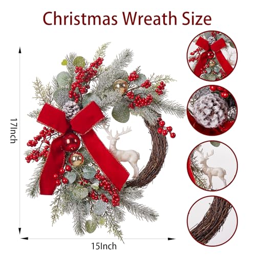 Christmas Wreaths for Front Door, Christmas Wreath for Indoor and Outdoor, Christmas Decorations, Christmas Door Wreath with Red Bow and Golden Ball, Pine Cones