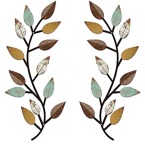 Zhengmy 2 Pieces Metal Tree Leaf Wall Decor Vine Olive Branch Leaf Wall Art Living Room, Hallway Wall Decor Outdoor Decoration(Vintage Blue)