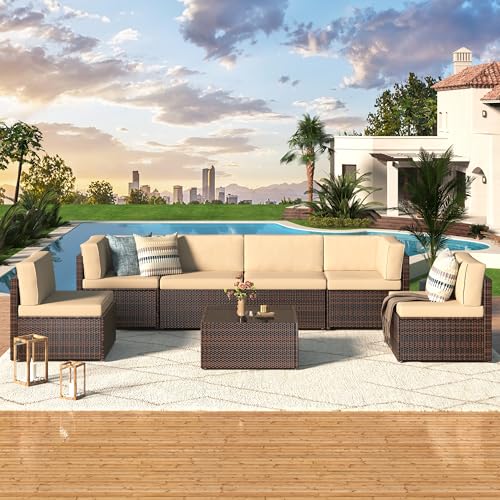 U-MAX 7 Piece Outdoor Patio Furniture Set, PE Rattan Outdoor Wicker Sectional Furniture Chair Set with Cushions and Tea Table, Black Rattan and Dark Grey Cushion