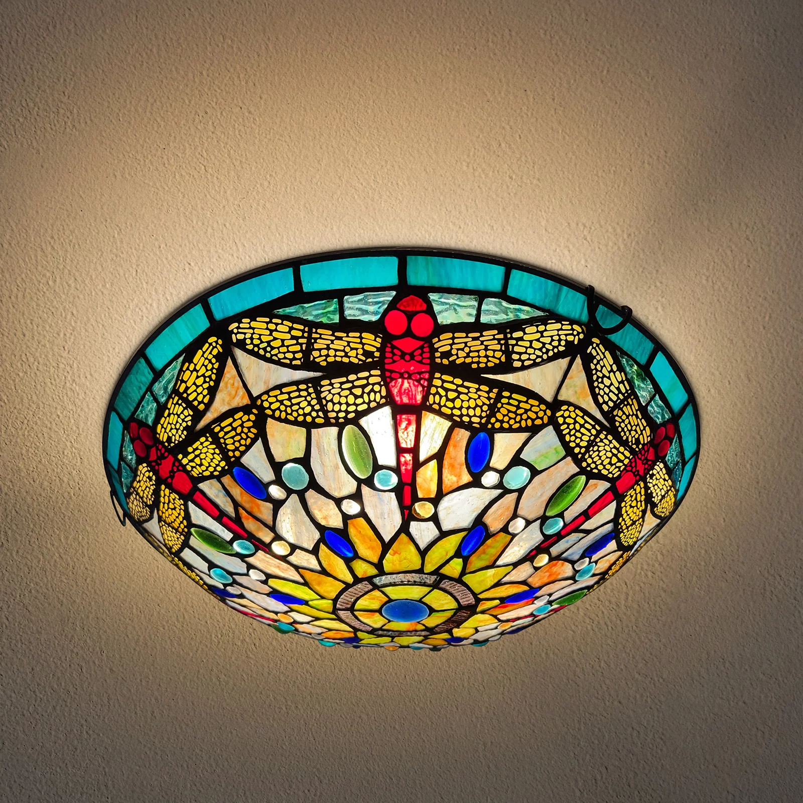 Tiffany Ceiling Light 16 Inch 3-Light Red Dragonfly Stained Glass Flush Mount Light