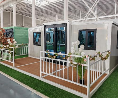 Portable Prefabricated Tiny House 20X20ft, Mobile Expandable House, Outdoor Storage, Modern Study Steel Storage House with Restroom, Kitchen, Cabinet, Sink, Outlets & Free Electric Water Heater