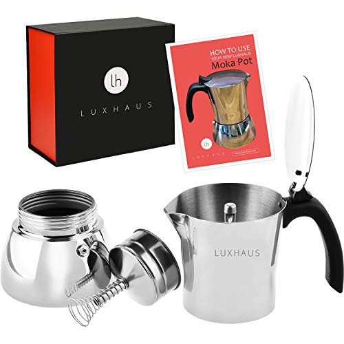 LUXHAUS Moka Pot - 6 Cup Stovetop Espresso Maker - 100% Stainless Steel Italian and Cuban Mocha Coffee Maker
