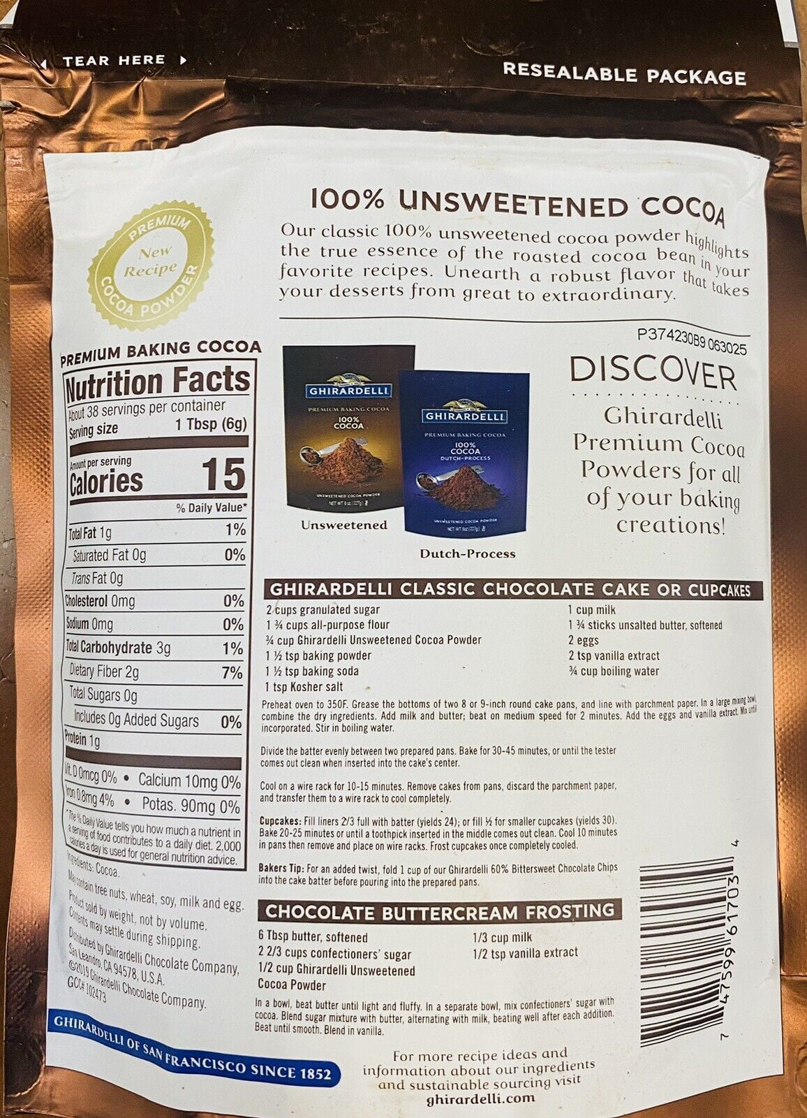GHIRARDELLI Premium Baking 100% Unsweetened Cocoa Powder 8 oz Bag