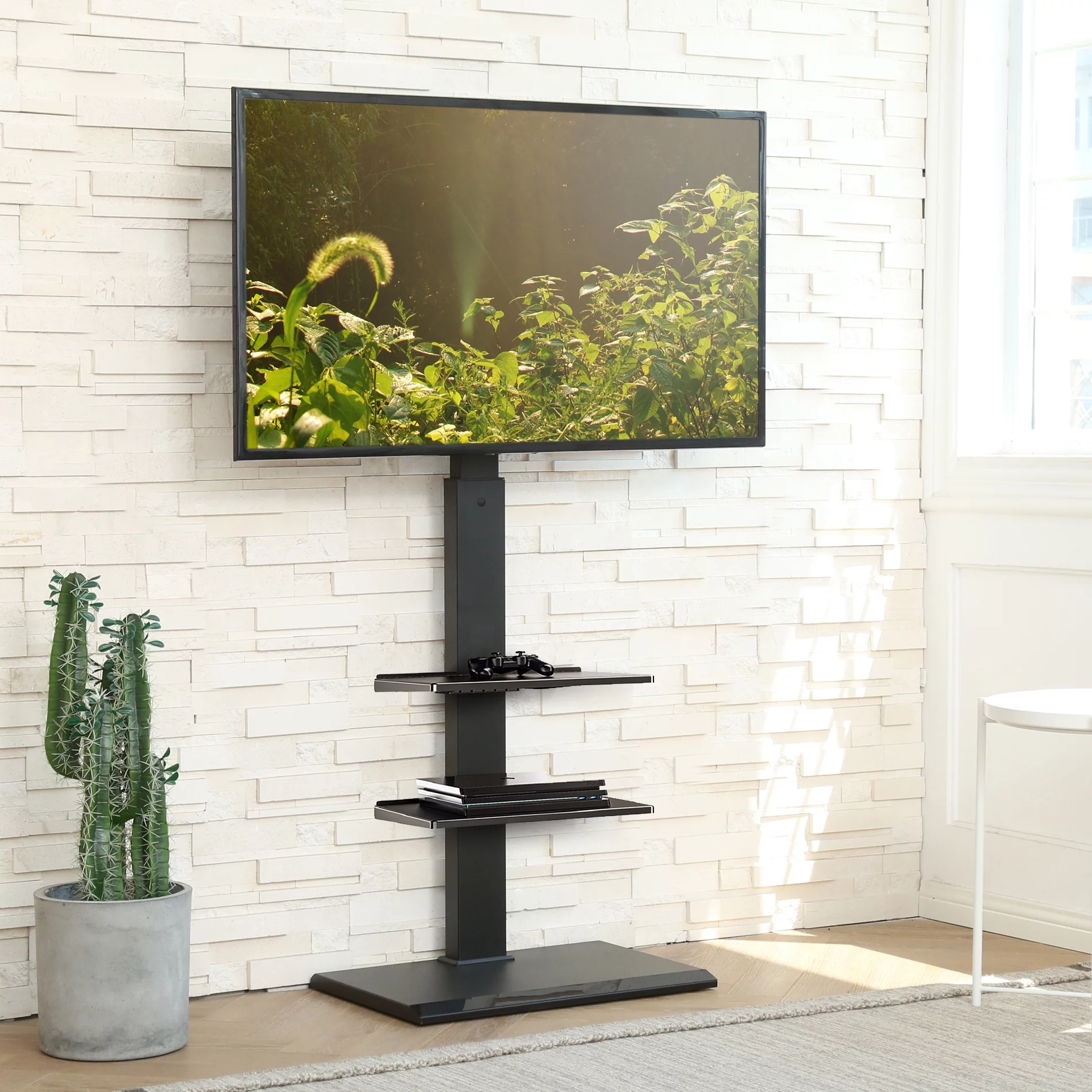 Fitueyes Modern Floor TV Stand Black with Swivel Mount, Height Adjustment with Shelf for 32 37 40 42 45 47 50 55 60 65 Inches LED LCD Flat Screen TVs