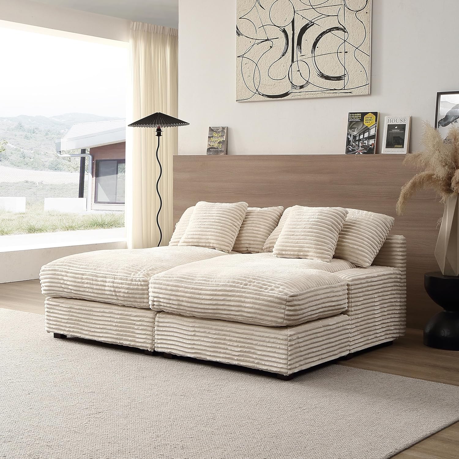 Oversized Luxe Chaise Lounge Loveseat Couch Bed, Comfy Corduroy Upholstered Indoor Leisure Sofa Recliner Daybed, Sleeper Chair with Solid Wood Legs & Throw Pillow for Living Room,Apartment