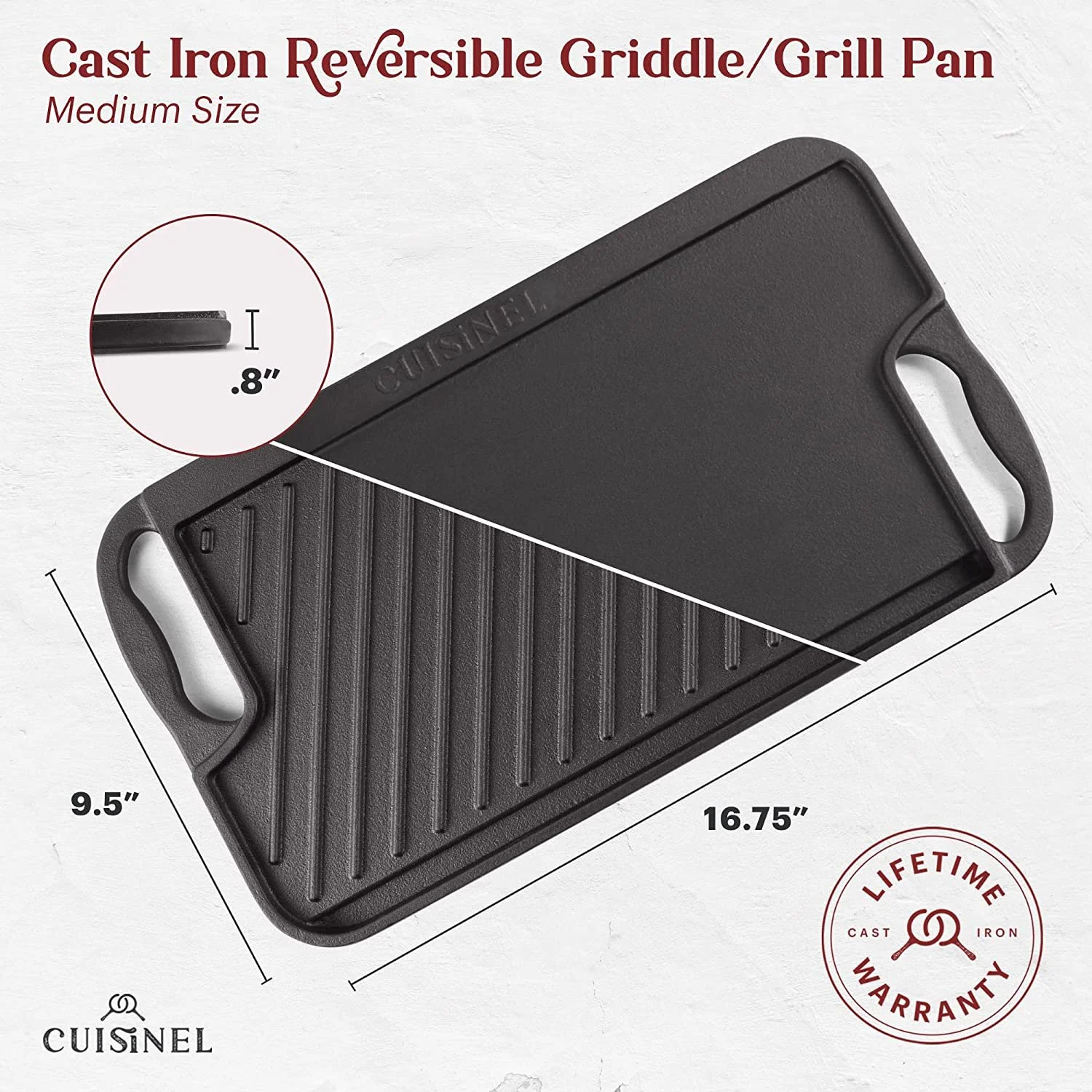 Cast Iron Griddle / Grill + Scraper / Cleaner - Reversible Pre-Seasoned 16.75