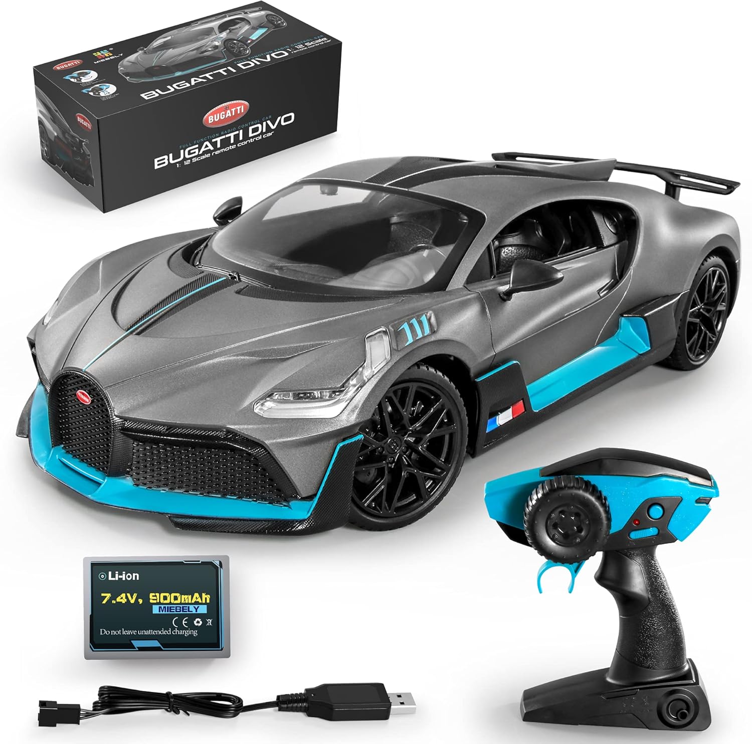 MIEBELY Bugatti Remote Control Car – 1/12 Scale RC Car for Children and Adults – Realistic Bugatti Divo Car with Lights – Detachable Steering Ring for Left and Right-Handed – Max Speed 12km/h Toy Car
