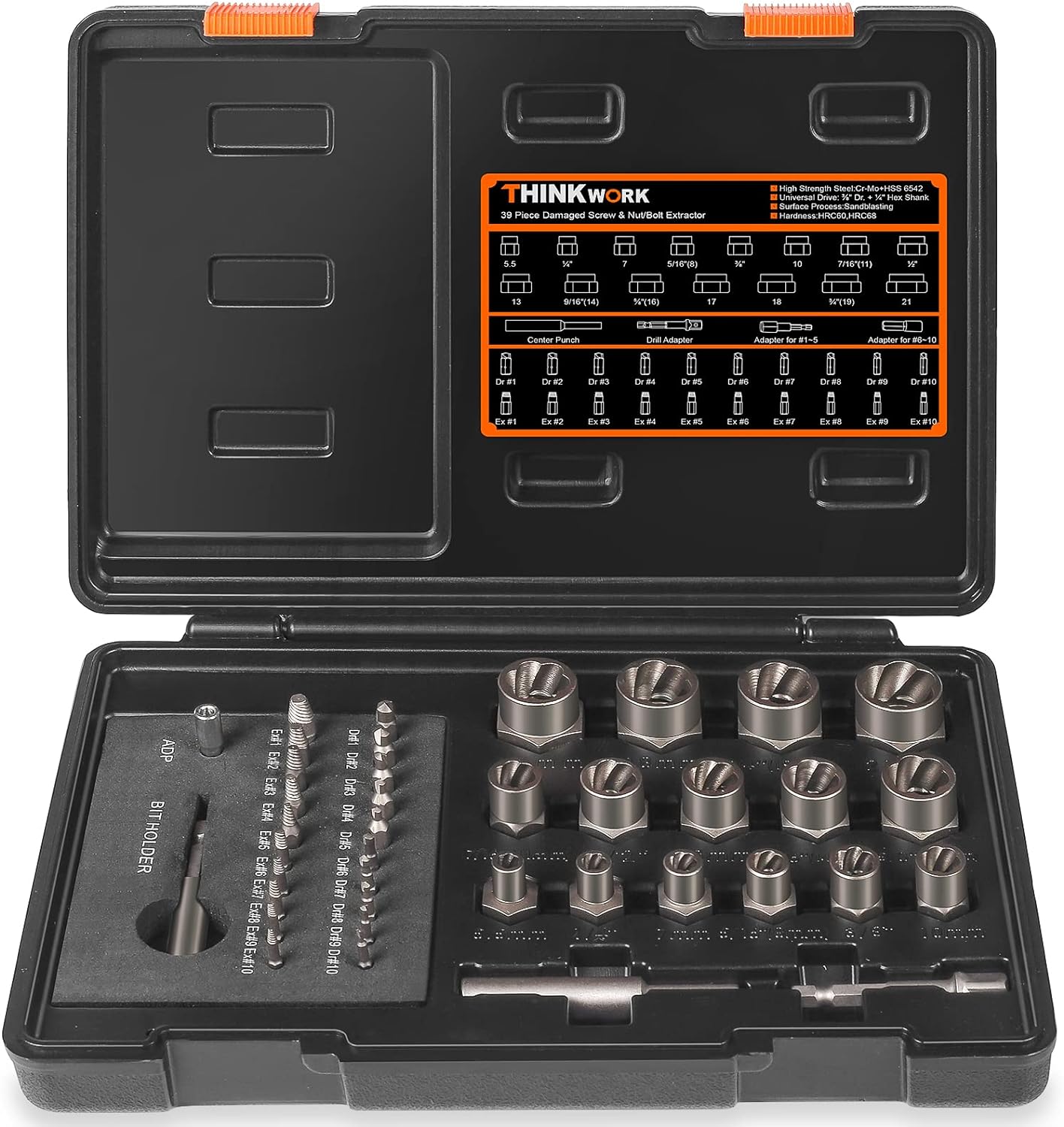 THINKWORK Damaged Screw Extractor Set & Bolt Extractor Set, HSS 6542 (68 HRC), 39-Piece Stripped Screw Remover, Lug Nut Remover for Removing Damaged, Frozen, Rusted, Rounded-Off Bolts, Nuts & Screws Pack of 2