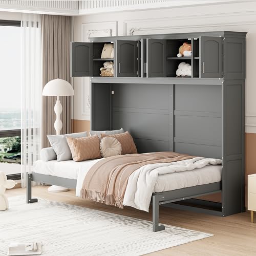 Full Size Murphy Bed with Built-in Wardrobe, 3 Drawers and 3 Open Shelves, Murphy Cabinet Bed with a Long Shelf, Bed Frame Can Be Folded Into A Cabinet, Space-Saving Design