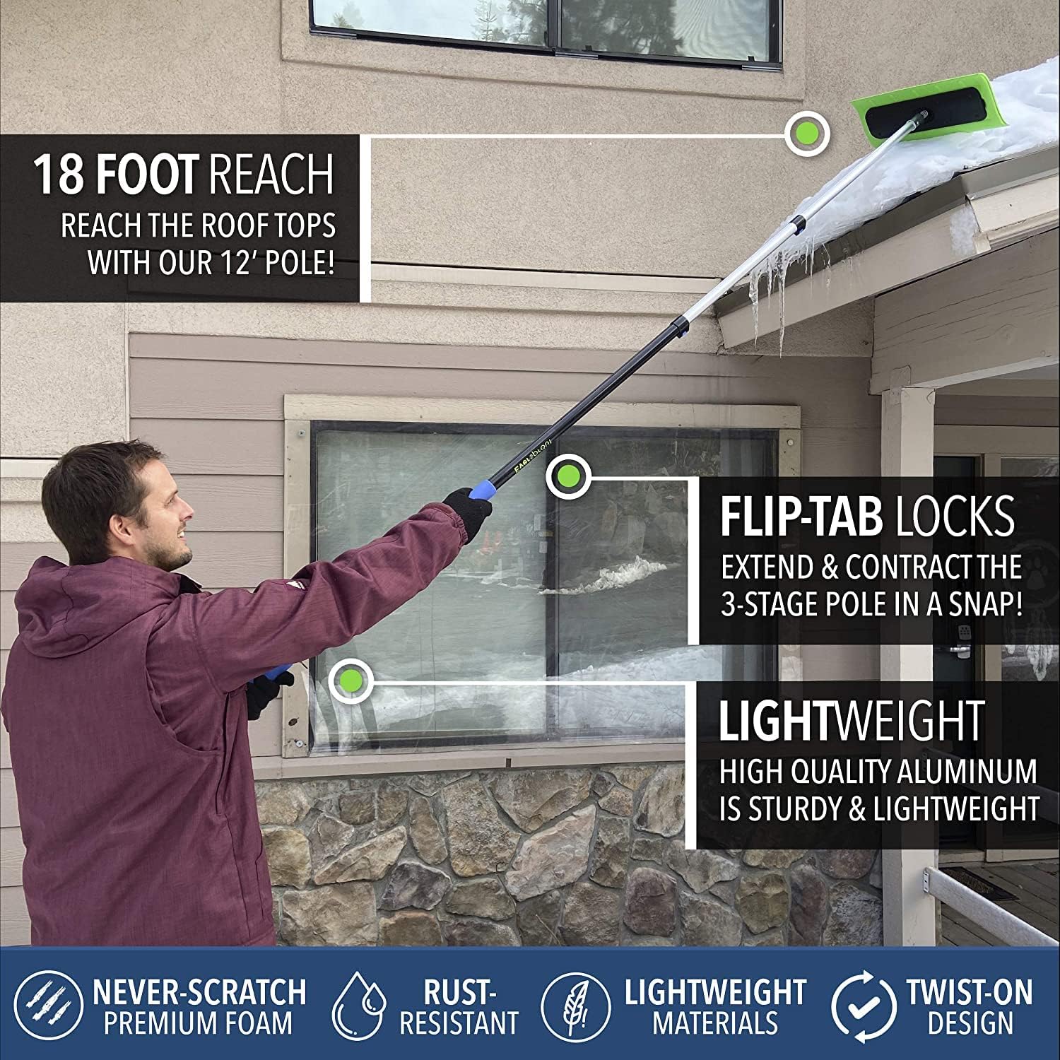 EVERSPROUT Never-Scratch SnowBuster 5-to-12 Foot (Up to 18 ft Standing Reach) | Pre-Assembled Extendable Roof Rake for Snow Removal | Lightweight Aluminum, Soft Foam Pad | Exclusive Push/Pull Design Pack of 2