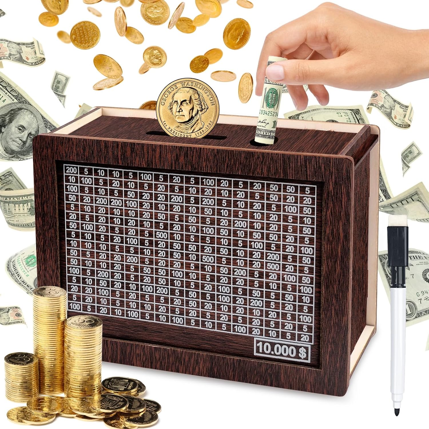 Cash Saver Box Cash Vault Wooden Savings Box Money Box with Counter Wooden Cash Storage Bank Retro Cash Saver Wooden Money Jar Piggy Bank with Numbers Tick for Children and Adult(10000 Dollar)
