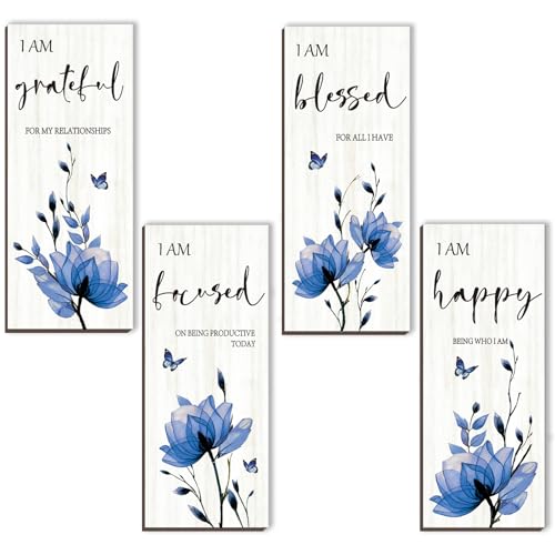 DONFENTHY 4 Pieces Blue Wall Decor Navy Blue Bathroom Decor Flower Pictures Wall Decor Wooden Wall Art Thankful Grateful Blessed Home Living Room Bedroom Kitchen Office Decoration (Blue 10x4 Inch)