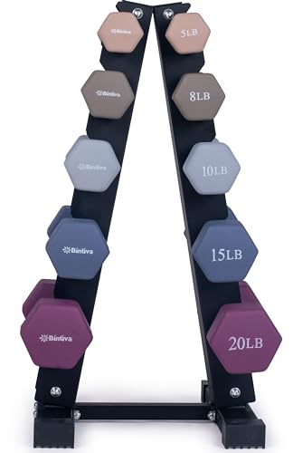 Dumbbell Set with Rack - Neoprene Coated Weights with Stand - Hex Color Coded Dumbell Pairs 1-20 LBs