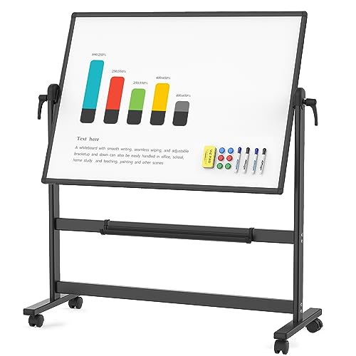 VIZ-PRO Double-Sided Magnetic Mobile Whiteboard, 48 x 36 Inches, Aluminium Frame and Stand